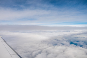 The airplane wing on the background of cloud stream. Wide angle