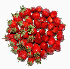 Lots of ripe, fresh, juicy, strawberries are laid in circle, isolated on white background.