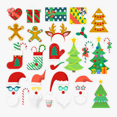 Merry Christmas and Happy New Year Photo Booth Party Elements with Glasses, Props and Antlers. Vector illustration
