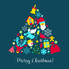 Merry Christmas Greeting Card with Christmas Tree Santa Claus and Snowflakes. Vector background