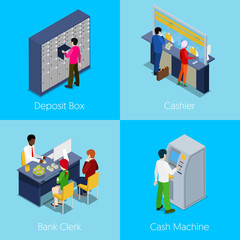 Isometric Bank Services Concept. Deposit Box, Cashier, Bank Clerk, Cash Machine. Vector 3d flat illustration