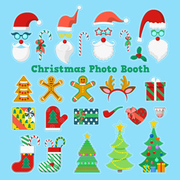 Merry Christmas and Happy New Year Photo Booth Party Elements with Glasses, Props and Antlers. Vector illustration