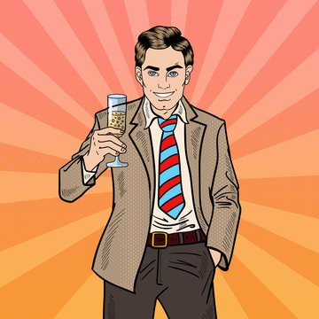 Pop Art Businessman with Champagne Glass on Holiday Celebration Party. Vector illustration