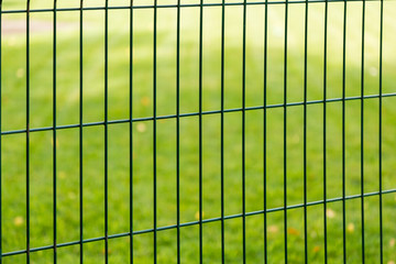 A fence of metal bars on blurred green background