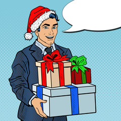 Christmas Sale. Pop Art Man in Santa Hat with Gifts and Christmas Tree. Vector illustration