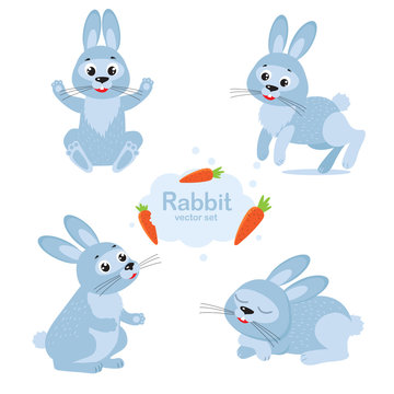 Cute Bunny Vector Set. Collection Cartoon Rabbit In Different Poses. Funny Rabbit Characters Set. Bunny And Carrot. Cute Bunny drawing. Bunny plush.