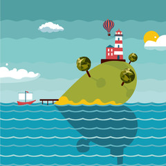 Lighthouse on island. Cartoon background with seascape.