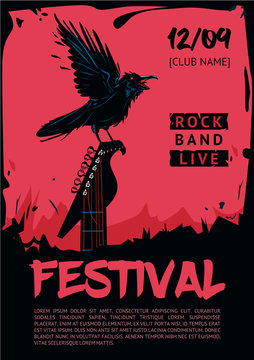 Music poster template for rock concert. Raven with guitar.
