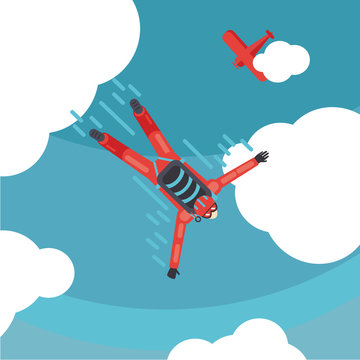 Sky diver top view. Parachute jump. Cartoon vector illustration