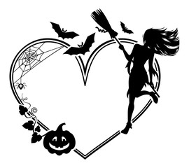 Heart-shaped frame with girl silhouette. Halloween background. Witch, bats, broom, pumpkin. Vector clip art.