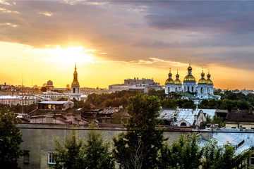 Fototapeta na wymiar The view from the height of the Nikolsky Cathedral at sunset in