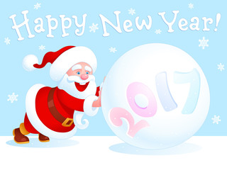 Fototapeta na wymiar Jolly Santa Claus pushes a large snowball with year number on the edge of white sheet. There is a 'Happy New Year' jolly handwritten letters and a lot of snowflakes on a flat light blue background.