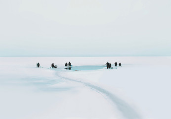 Many fishermen sit on the ice and fishing in winter cold day