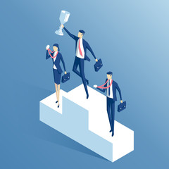 Business people stand on the podium with the cup and medals, isometric businessman with the cup in his hands jumping off the pedestal, business concept winner and success