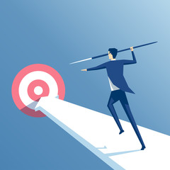 businessman running with a spear to the target, the employee throws a spear into the target, business concept achievement and purpose