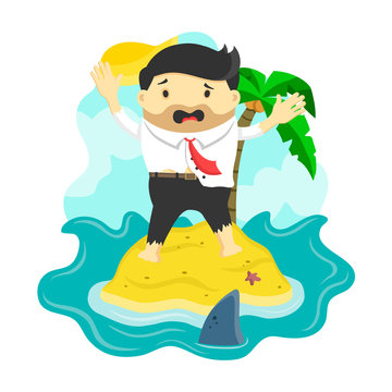vector flat illustration of businessman stranded in an island surrounded by shark, danger, business risk, bankruptcy concept, 