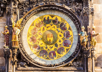 Obraz premium Prague astronomical clock in the building of the Old Town Hall. Prague, Czech Republic. Details of the facade closeup