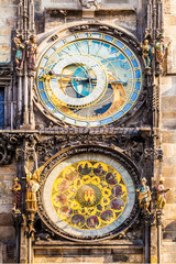 Prague astronomical clock in the building of the Old Town Hall. Prague, Czech Republic. Details of the facade closeup