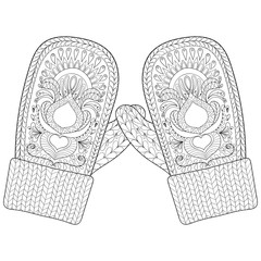 Winter warm knitted mittens in zentangle style. Hand drawn happy