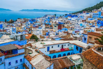 Fotobehang Marokko Uitzicht op de blauwe stad Chefchaouen in het Rifgebergte, Marokko