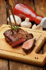 Beef steak on a fork