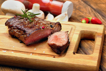 Closeup of slices of rare tenderloin steak.Selective focus