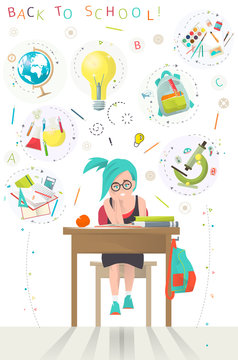 Modern vector illustration /  back to school concept /  pupil and different lessons