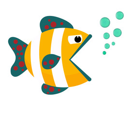 Ribbon cute fish with blowing bubbles  flat icon vector illustration