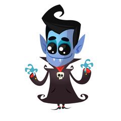 Cute cartoon vampire smiling. Vector illustration with speech bubble