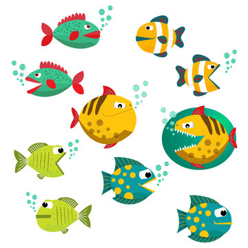 Tropical cartoon fish collection set isolated on white background