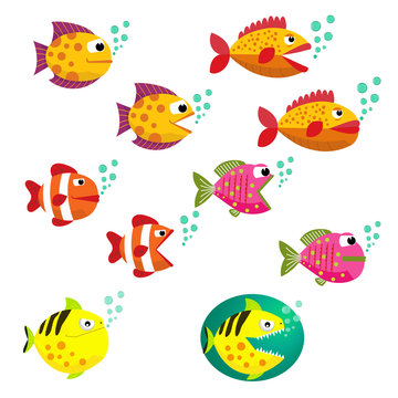 Cartoon colorful sea fish collection set isolated on white background vector illustration