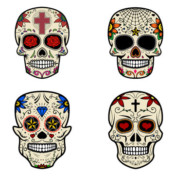 Set of Sugar skulls isolated on white background. Day of the dea