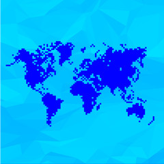 Blue World Map In Pixels On Crumpled Paper Background. Vecotr Illustration.
