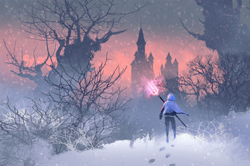 Obraz premium knight with trident in winter landscape,illustration painting