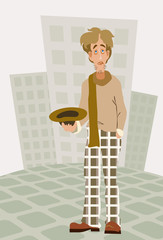 Figure of the man asking a handout on a background of city