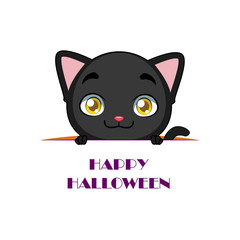 Cute black cat peeking out with Happy Halloween text beneath him