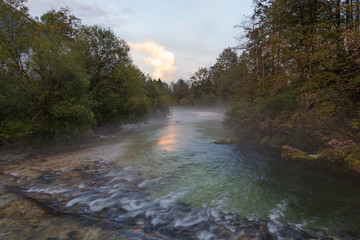 Sunset on the river Sava Bohinjska near Lake Bohinj, Slovenia