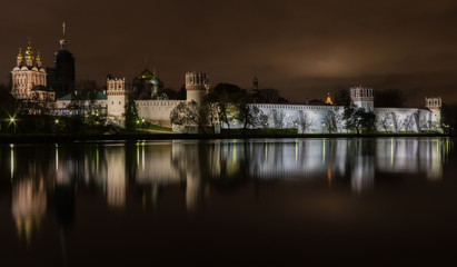 Fototapeta na wymiar Night view illuminated Novodevichy Convent of Our Lady of Smolen