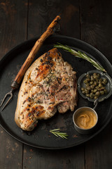 Delicious grilled pork with spices and mustard