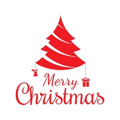 Red Silhouette. Merry Christmas text and Christmas tree. Vector Illustration.