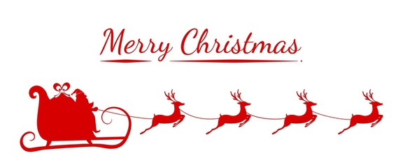 Red Silhouette. Santa claus flying with reindeer sleigh. Cartoon Vector Illustration. © chaliya