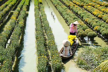 Two ladies with traditional dress are in a boat at the floating flower field in Sa Dec, Dong Thap, Vietnam. Sadec (Sa Dec) is one of the biggest flower stocks in Mekong Delta.