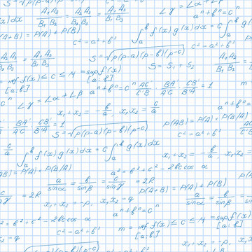 Seamless pattern on the theme of the subject of mathematics, formulas theorems on the notebook sheet in a cage