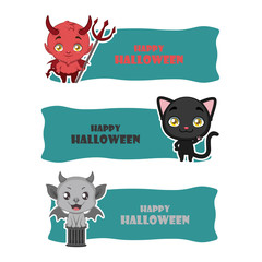Cute Halloween monster banners - devil, black cat, gargoyle