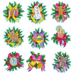 Obraz premium A set of Christmas stickers in the stained glass style with the symbols of the winter holidays