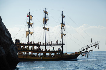 pirate ship with tourists on the sea