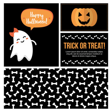 Set, collection of cute halloween flat design cards, banners, labels, stickers for web and print.