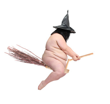 Funny obese witch flying on her magic broomstick. Crazy Halloween concept.