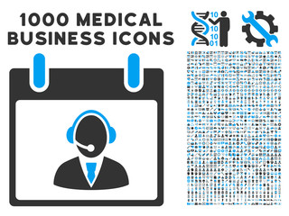 Blue And Gray Reception Operator Calendar Day vector icon with 1000 medical business pictograms. Set style is flat bicolor symbols, blue and gray colors, white background.