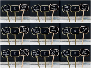 Photo collage of Keep Calm messages written with chalk on mini blackboard labels